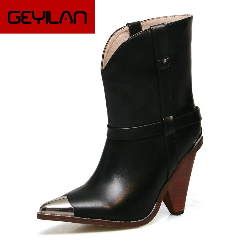 

Fashion Leather Ankle Boots Women Spike High Heels Western Boots Slip On Pointed Toe Autumn Winter Mid-Calf Boots 2019