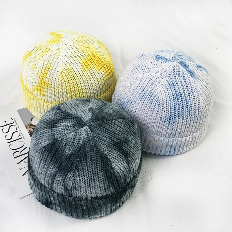 

Geebro Men New Fashion Tie-Dye Warm Knitted Ribbed Elastic Hat Women Cotton Soft Beanies Hip-Hop Street Male Female Skullies Cap