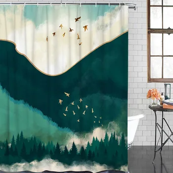 

Green Landscape Bird Ink Modern Home Decor Bathroom Waterproof Shower Curtain