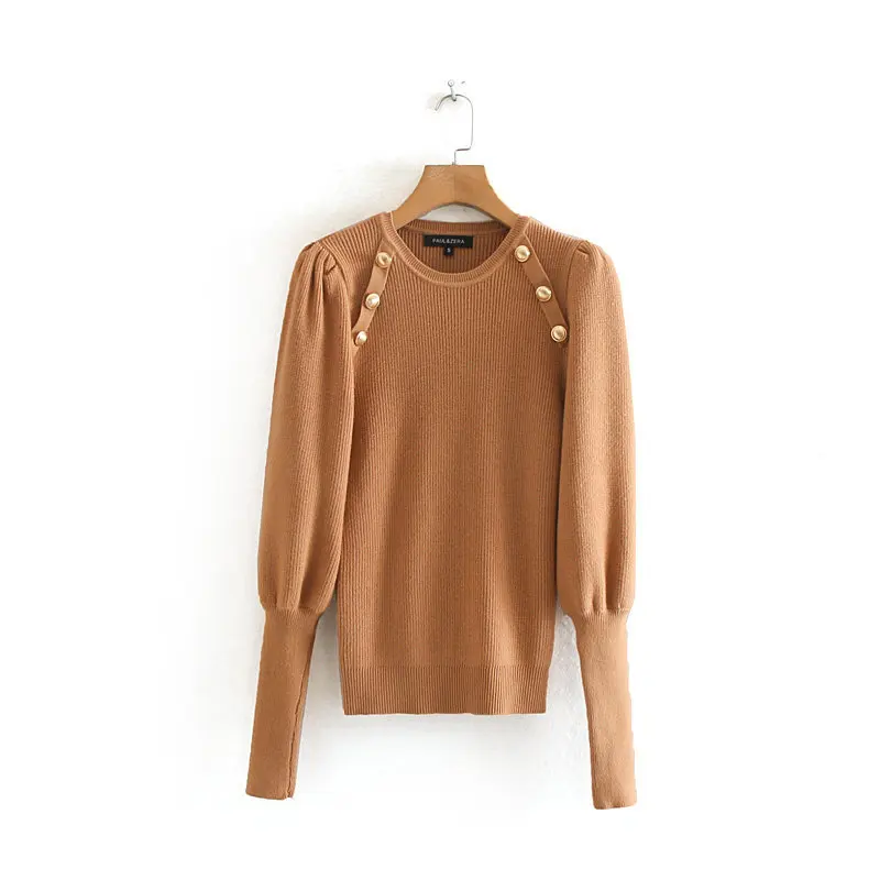 

MY956 European Fashion Ladies O Neck Gold Color Metail Buttons Solid Color Puff Sleeve Sweater Jumpers