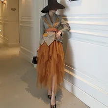 Женский комплект одежды из двух предметов, элегантный клетчатый Блейзер, пальто+ Асимметричная юбка в сеточку, осень, модный OL Тонкий костюм с юбкой