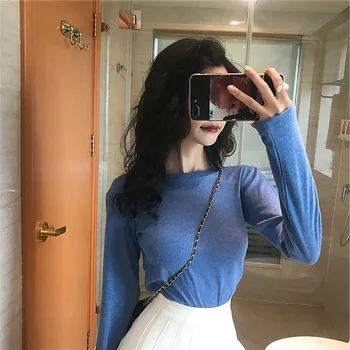 

YZY Autumn Tops Laziness Solid Color Crew Neck Long-sleeved T-shirt