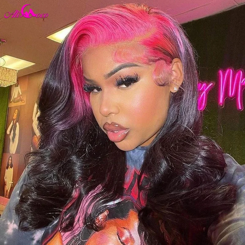 Pink Root 13x4 Body Wave Lace Frontal Wig Transparent La...