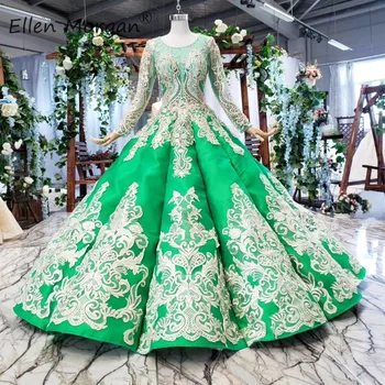 

African Colorful Green Lace Wedding Dresses Black Girls Luxury Beads Boat Neck Backless Long Sleeves Bridal Ball Gowns Muslim