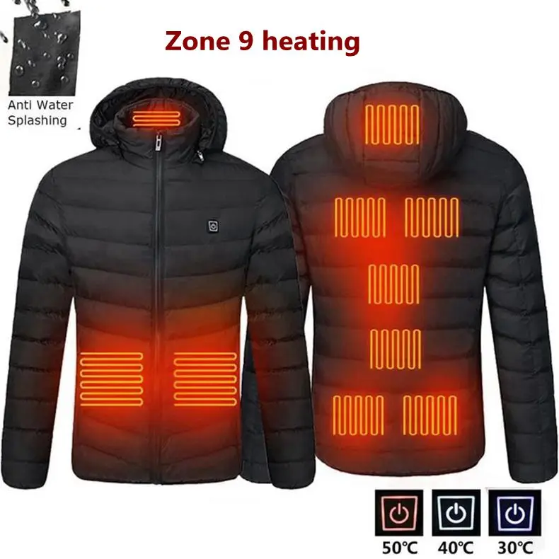 Men 9 Place Heated Winter Warm Jackets USB Heating Padded Jackets Smart Thermostat Pure Color Hooded Heated Clothing Waterproof mens parka coats sale