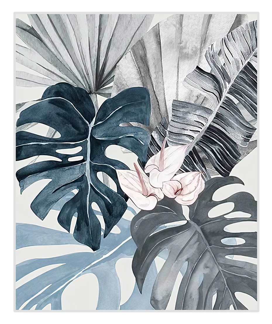 Modern Floral Tropical Blue Palm Leaf Canvas Painting Wall Art Prints Picture for Living Room Bedroom Home Decoration No Frame