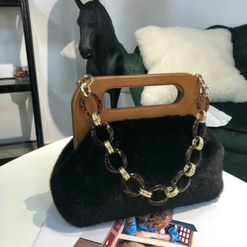 

Women Luxury Handbag Wood Handle Bag Day Clutches Female Vintage Crossbody Bucket Bag Crossbody Bags Hairy Bag