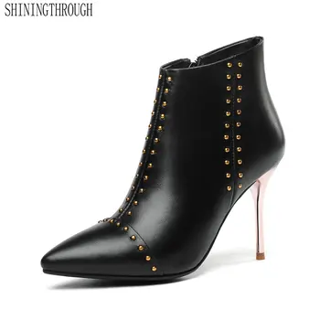 

Genuine Leather Ankle Metal Decoration Women Boots Fashion Erogenous Thin High Heel Women Shoes Spring Autumn Party Shoes