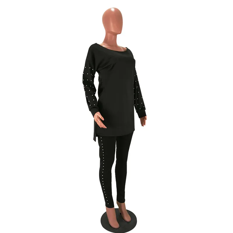 Черный жемчуг, комплект из 2 предметов, осенняя уличная одежда, Женский пуловер с круглым вырезом, футболка+ брюки-карандаш, повседневные женские спортивные костюмы, HM6170G