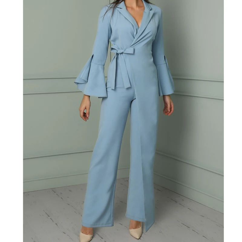 

Ruffled trumpet sleeves jumpsuit Fashion temperament high quality unique design jumpsuit autumn women High street jumpsuit V col