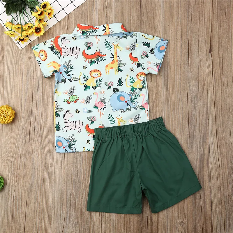 Комплект одежды для мальчиков 1-5 лет, Модная рубашка с животным принтом «зоопарк Обезьяна, Тигр» для мальчиков, комплект из топа и зеленых шорт, одежда для мальчиков, Детский комплект