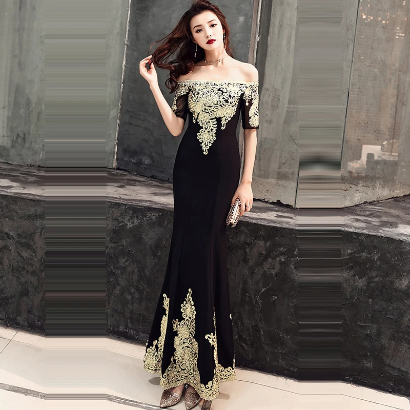 

Evening Dress Boat Neck Short Sleeve Women Party Dresses Embroidery Robe De Soiree 2019 Off The Shoulder Evening Gowns F133
