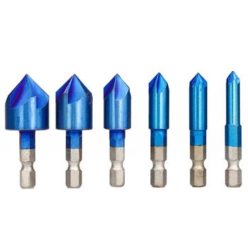 

6Pcs 6-19mm 90 Degrees 5 Flutes Chamfer Drill Bit Set HSS Chamfering Cutter Blue Coated Countersink Drill Bit
