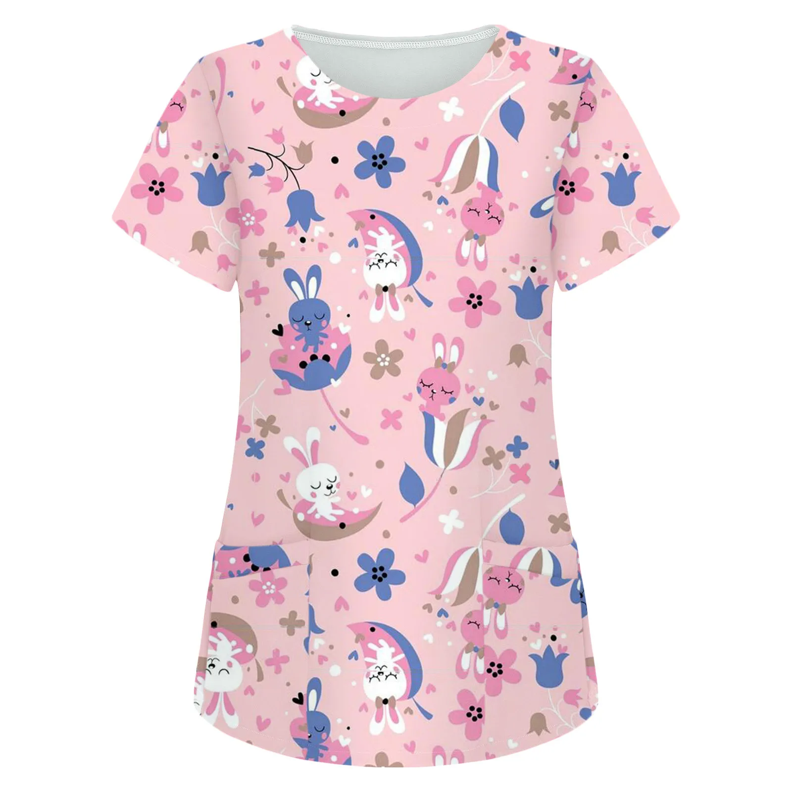 Kawaii tshirts Women Short Sleeve Tops Working Uniform Easter Rabbit Printed Pocket camiseta de caricaturas graphic t shirts | Женская