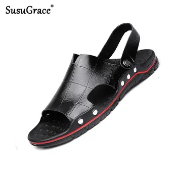 

SusuGrace summer men slippers Leather sandals sneaker outdoor shoes lightweight soft plus size retro flat breathable comfortable