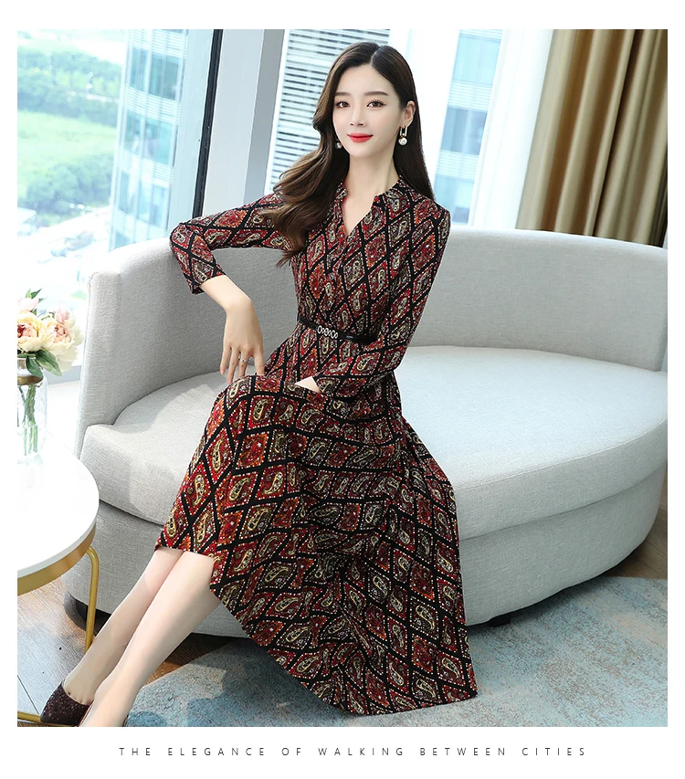 Plus Size Autumn Winter Long Sleeve Dresses 2020 Vintage Print Boho Casual Midi Dress Elegant Women Bodycon Party Maxi Vestidos