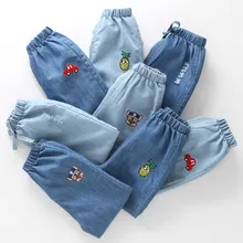 Летние детские ковбойские противомоскитные штаны из Tencel г. Новые стильные джинсовые брюки в Корейском стиле для мальчиков Тонкие штаны с вышивкой для девочек