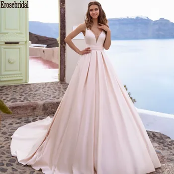 

Light Pink Satin Wedding Dress Plus Size 2020 Wedding Gown Simple Style Ball Gown Wedding Dress with Long Train Open Back V Neck