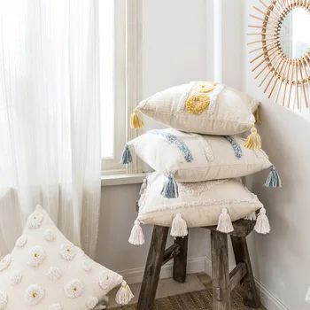 

Beige Cushion Cover Cotton Linen Embroidered/45x45cm Sofa Bed Chair Cover Pillow Case Grey Cusion Removable and Washable Square