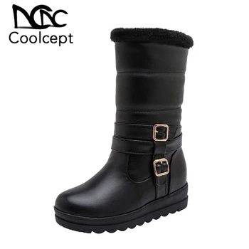 

Coolcept 2020 New Snow Boots For Women Winter Warm With Fur Mid Calf Boots Solid Color Round Toe Flats Shoes Women Size 30-42