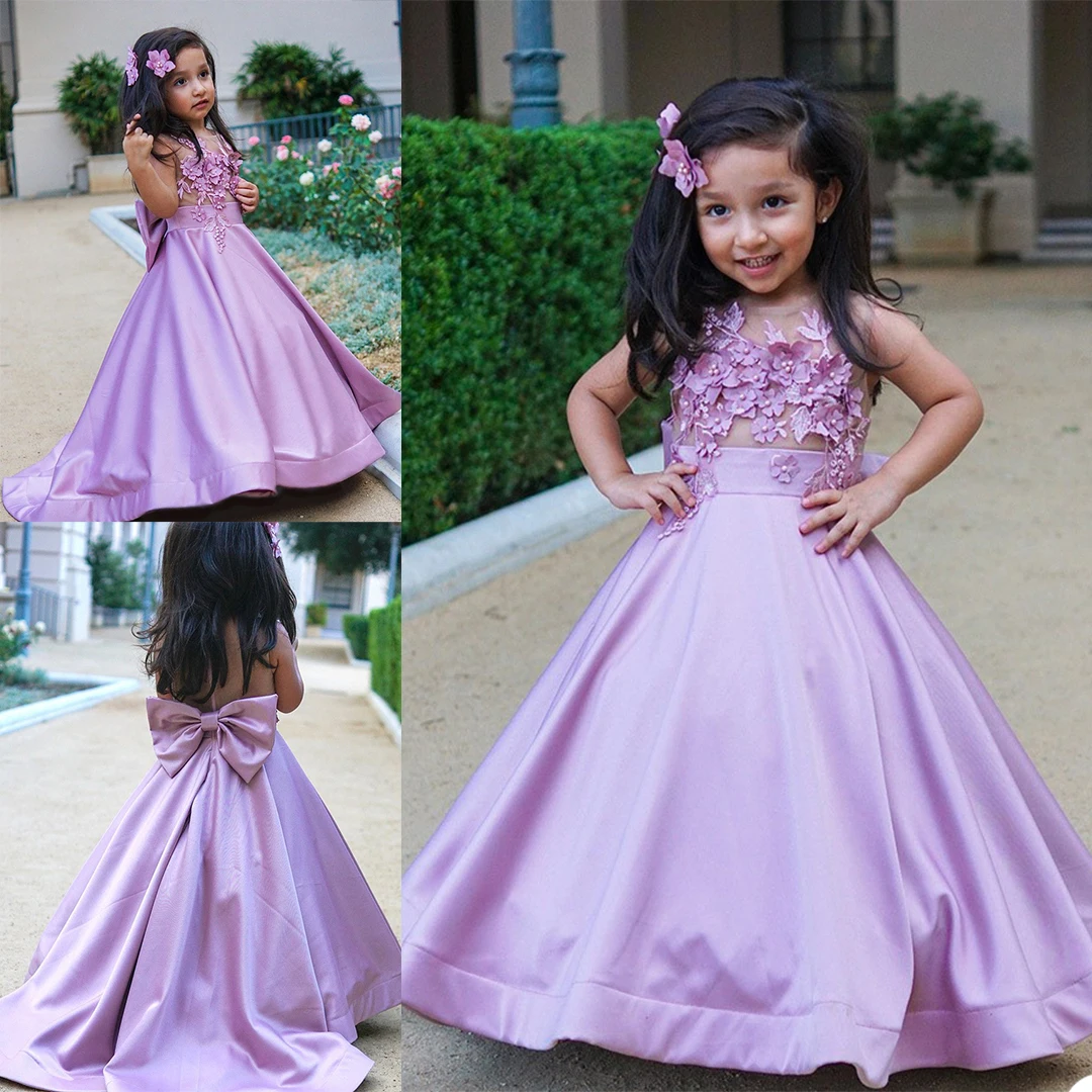

Purple Flower Girls Dress 3D Floral Lace Appliques Children Birthday Party Dresses A Line Wedding Prom Formal Wear