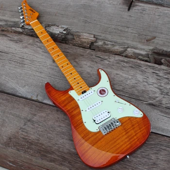 

In Stock Honey Burst Eart Electric Guitar, Mint Green Pickguard, Tiger Stripes Mahogany top, More color options