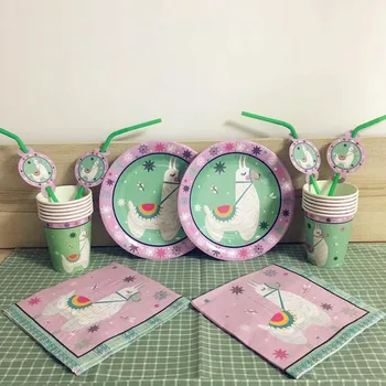 

46PCS/set Cute Llama Alpaca Disposble Tableware Sets Theme 12pcs 7inch Plates+12pcs Cups+12pcs Straws+10pcs Napkins Party Supply