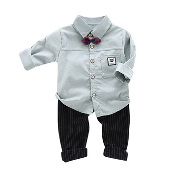 

New Gentleman Style Bow Tie Decoration Boy Set Solid Color Shirt Striped Pants Two-piece Children's Set 0-4T baby Boy Clothes
