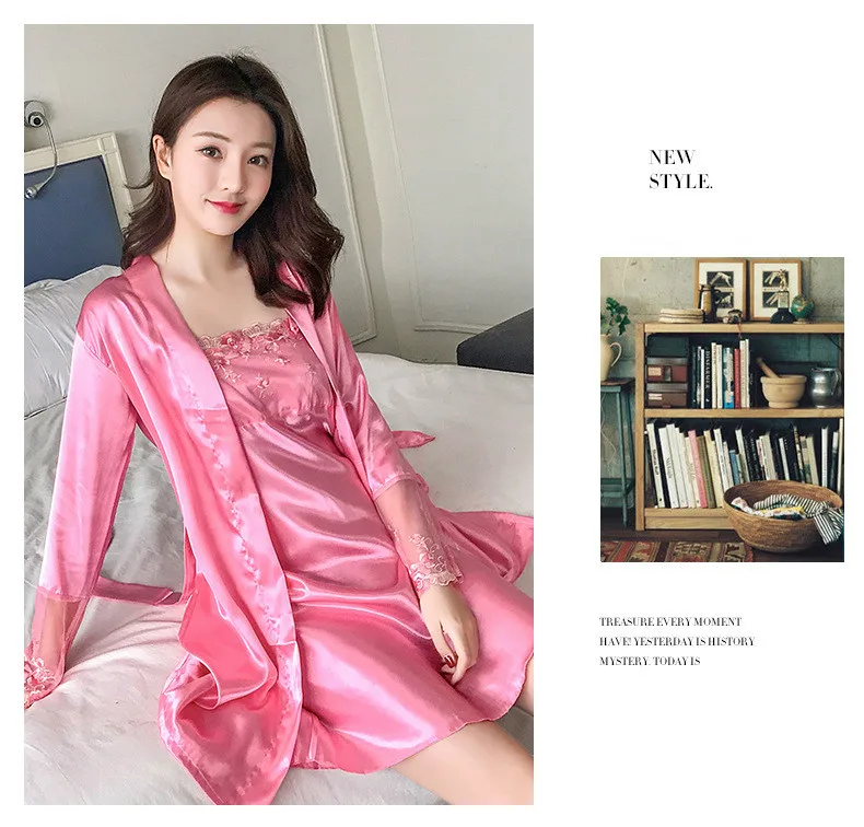 Casual Floral Mini Twinset Robe Set Faux Slik High Quality Sleepwear Purple Sexy Lace 2PCS Spaghetti Strap Nightdress M-2XL