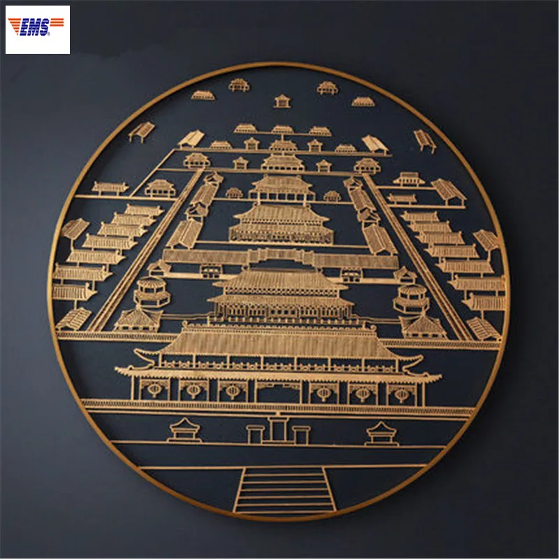 

Chinese Style Forbidden City Round Frame Stereoscopic Metal Decorative Painting Living Room Entryway Wall Hangings X1616