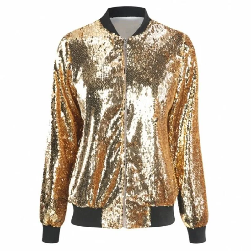 

High Street Fashion Green Sequins Bomber Jacket Long Sleeve Zipper Coat Loose Casual Women Baseball Jacket