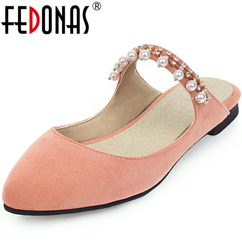 

FEDONAS Brand Design Women Square Heels Summer Suede Leather Half Slippers Sandals Pearl Decoration Pointed Toe Shoes Woman
