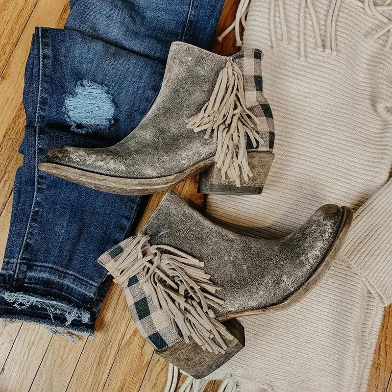 

2019 Leather Ankle Boots Autumn Vintage Fringe Women Shoes Comfortable Heel Boots Female Plaid Zipper Short Boots Dropshipping