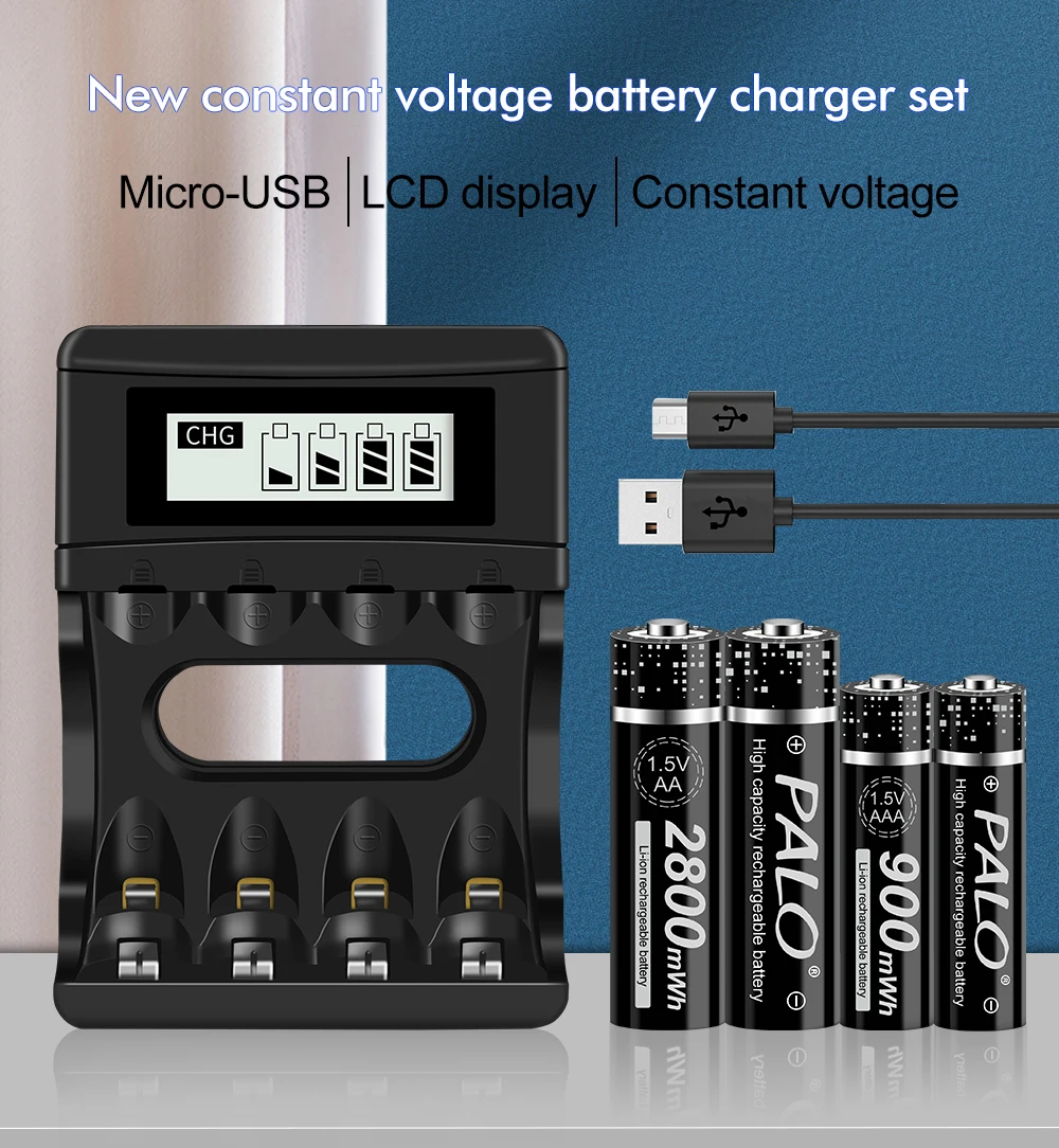 PALO 1.5V AA Li-ion Rechargeable Batteries+1.5v AAA Li-ion Rechargeable Batteries with LCD Smart 1.5V Lithium Battery Charger