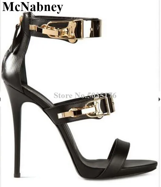 

McNabney Women Sandals Metal Button Stiletto Heel Peep Toe Summer Ladies Sandals Fashion Thin High Heel Back Zipper Women Shoes