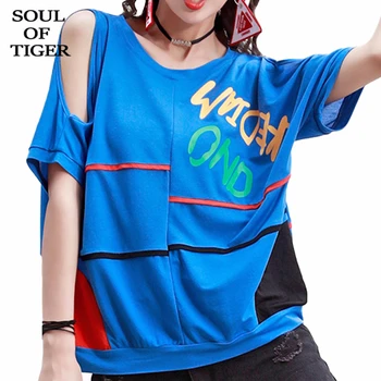 

SOUL OF TIGER Summer 2020 Korean Fashion Ladies Loose Tee Shirt Women Casual Off Shoulder Tshirts Female Printed Tops Plus Size