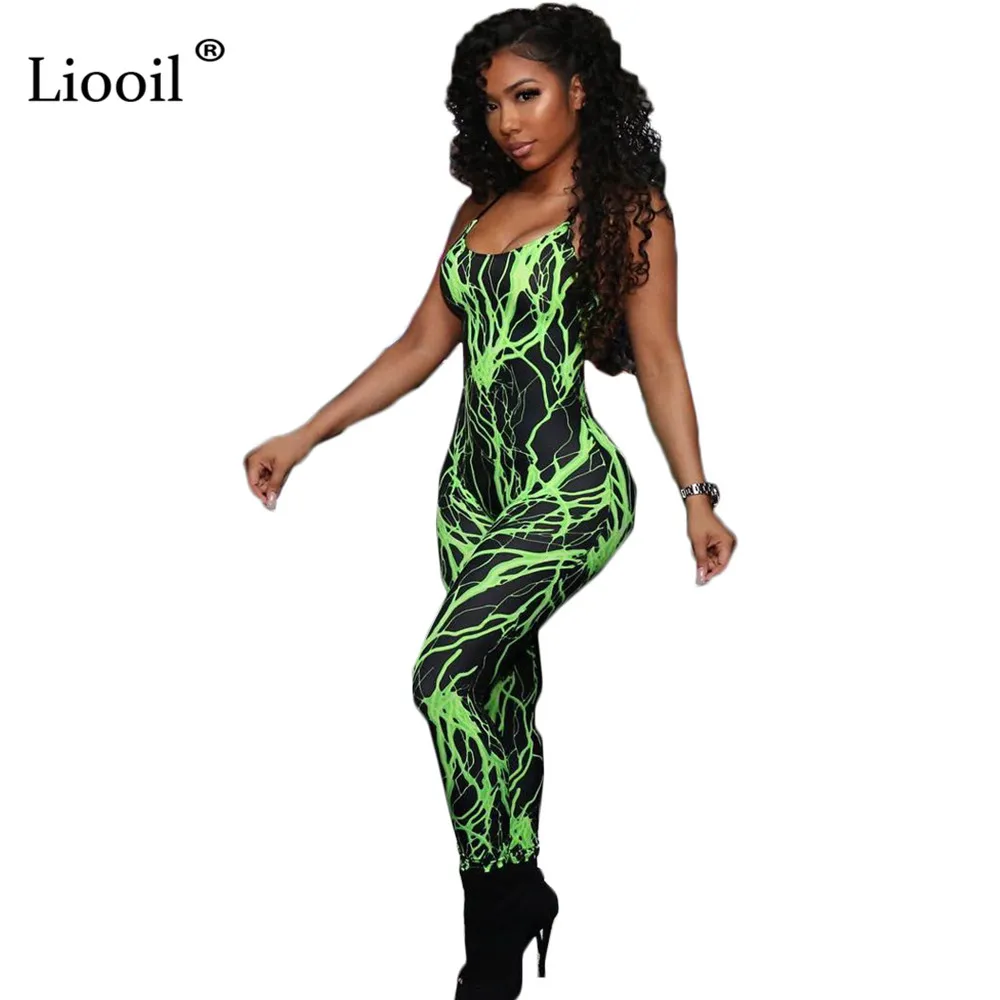 

Liooil Green Sexy One Piece Outfit Print Tight Jumpsuits 2019 Autumn Sleeveless High Waist Party Club Rompers Womens Jumpsuit
