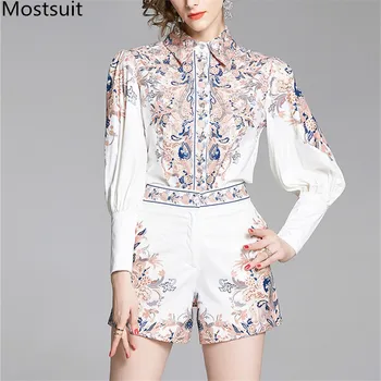 

2020 Summer Vintage Printed Two Piece Sets Outfits Women Long Sleeve Shirt + Shorts Suits Fashion Runway Elegant Female Sets