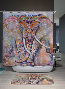 

Bathroom Shower Curtain - Cloth Fabric Curtains Colorful Elephant on Flush Toilet elefant bathrooms Digita Print