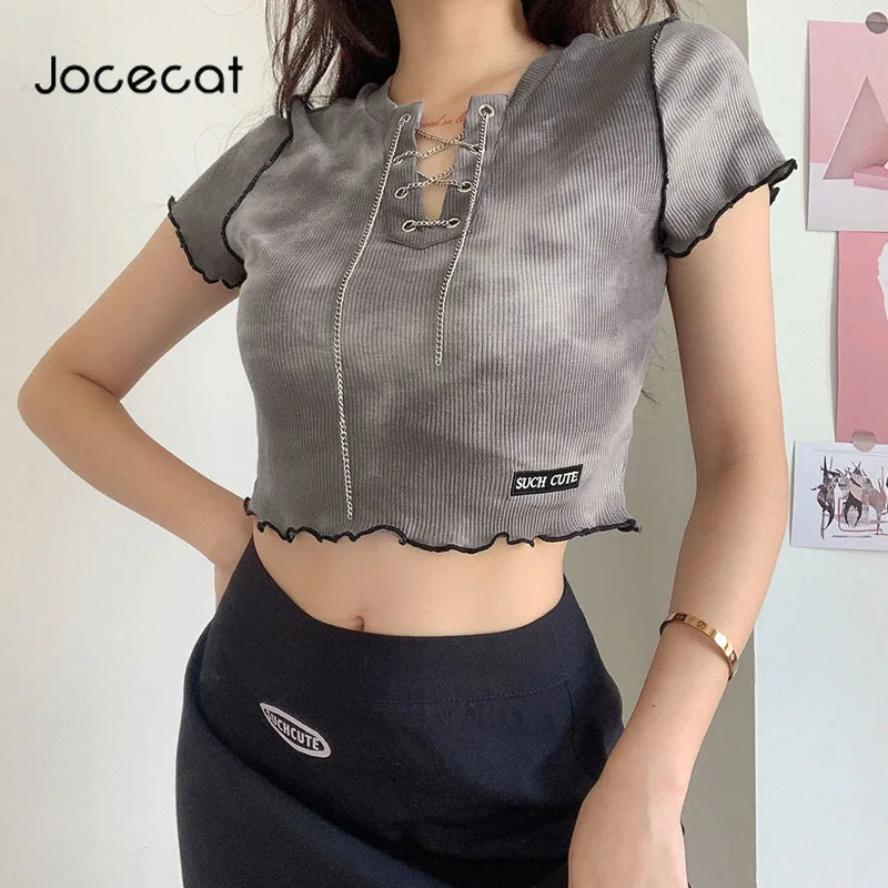 

Tie Dye Print Short Sleeve V-Neck Chain Women Crop Top Shirt Summer Streetwear Fashion Casual Knitted Female T-Shirt