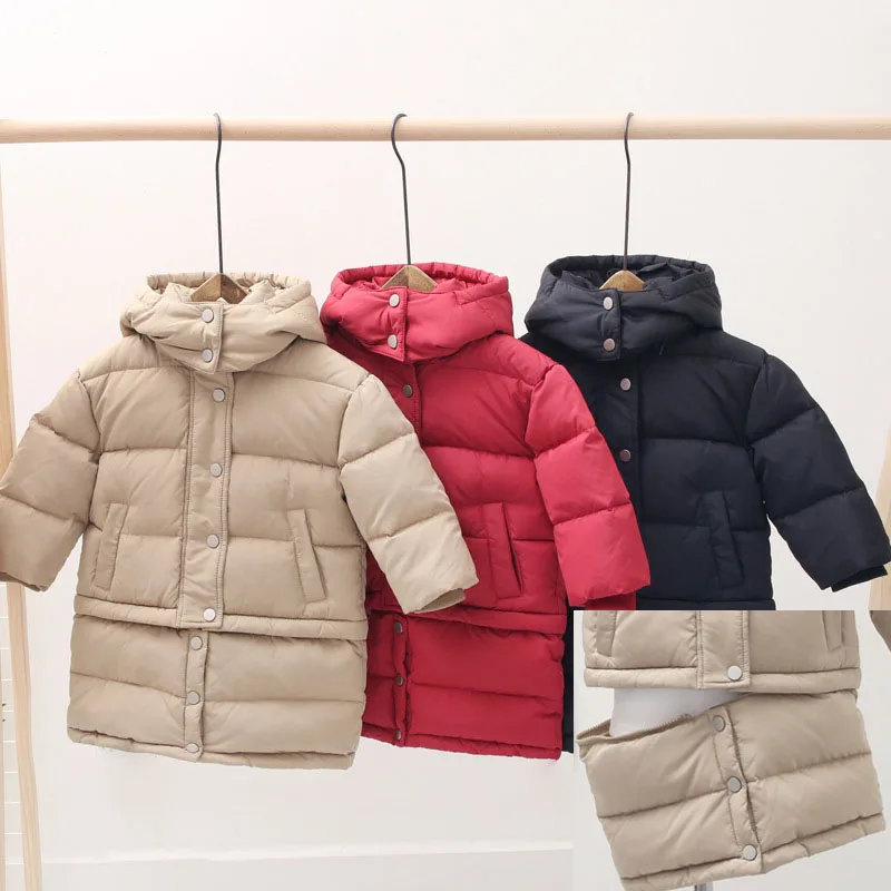 Коллекция года, зимняя одежда для девочек и мальчиков, пальто Детская пуховая куртка с капюшоном, уличная теплая детская зимняя длинная и короткая одежда хлопковая парка