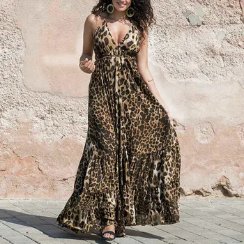 

Free Shipping2020 Summer Sexy Dress Party Backless Leopard Print Spaghetti Strap Sleeveless Women Long Dress Loose Club Dress