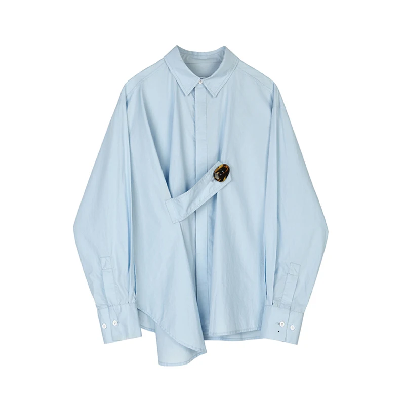 [EAM] Женский Бандаж на пуговицах, одноцветная блузка, новинка, с отворотом, длинный рукав, свободный крой, рубашка, модная, весенняя, осенняя,, 1B762 - Цвет: baby blue