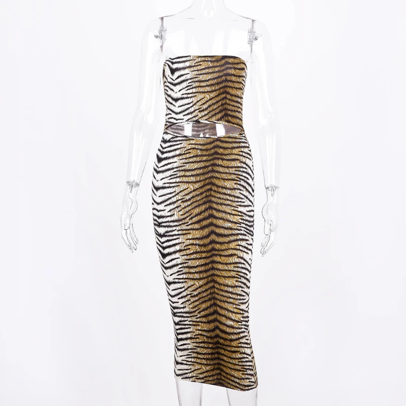 Hugcitar труба slash шеи сексуальное открытое платье миди с принтом тигра осень зима женские уличные Клубные обтягивающие наряды