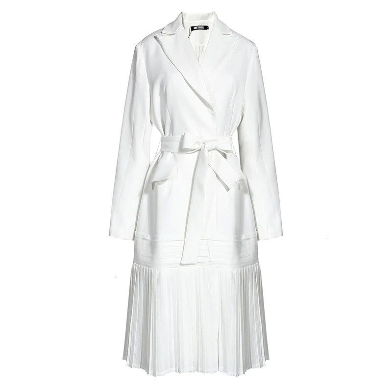 [EAM] Women White Pleated Bangage Trench New Lapel Long Sleeve Loose Fit Windbreaker Fashion Tide Autumn Winter 1H695 - Цвет: white
