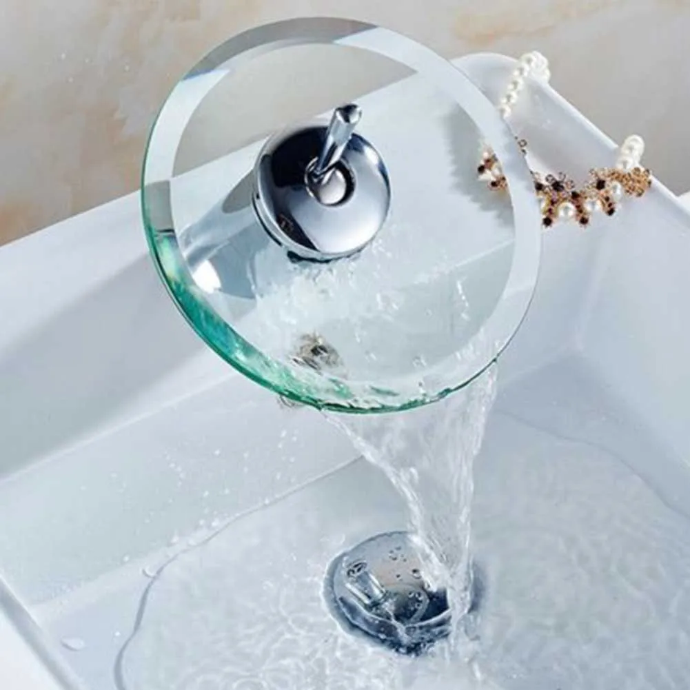 

Bathroom Water Tap Handle Easy Install Glass Waterfall Kitchen Hot Cold Rotating Durable Sink Faucet Replacement Stainless Steel