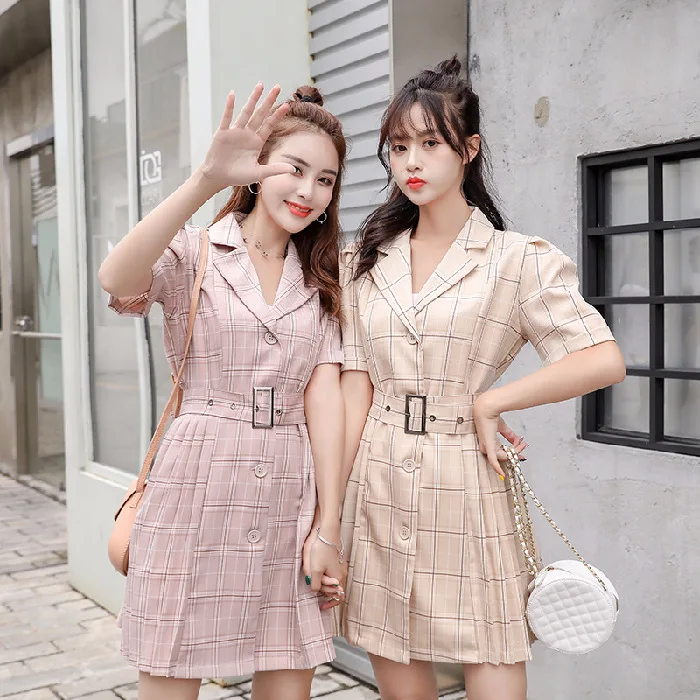 

2019 Summer New Style Korean-style Retro Graceful Suit Collar Slim Fit Plaid Short-sleeve Dress Women's