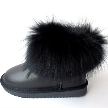 

Black Fox Fur Snow Boots Natural Real Black Fur Winter Genuine Boots Cowskin Ankle Boots Leather Waterproof Flat Women Shoes