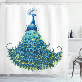 

Peacock Shower Curtain, Peacock Illustration Floral Classical Curvy Design Tropics Wildlife Theme, Cloth Fabric Bathroom Decor