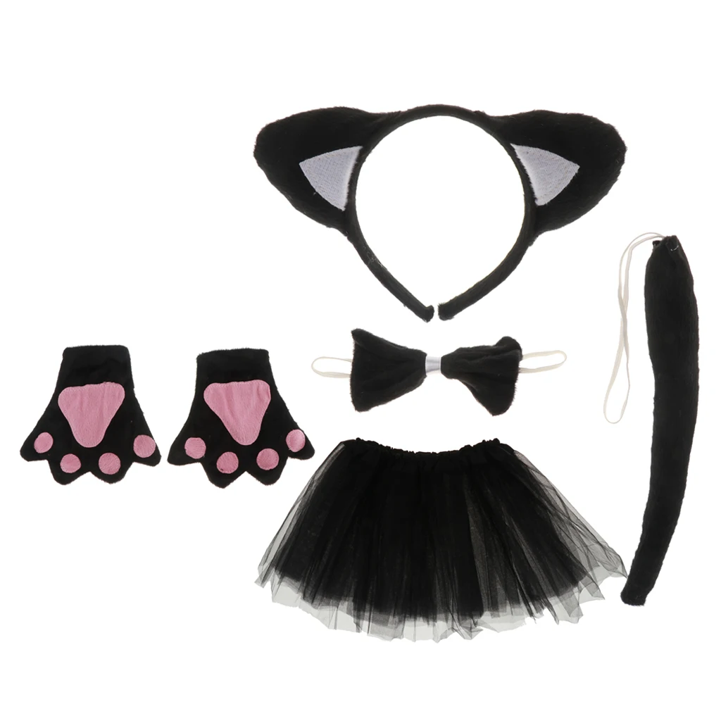 

Children Black Cat Headband TUTU Skirt Bowtie Paw Tail Cosplay Costume Outfit Christmas Book Week Gift